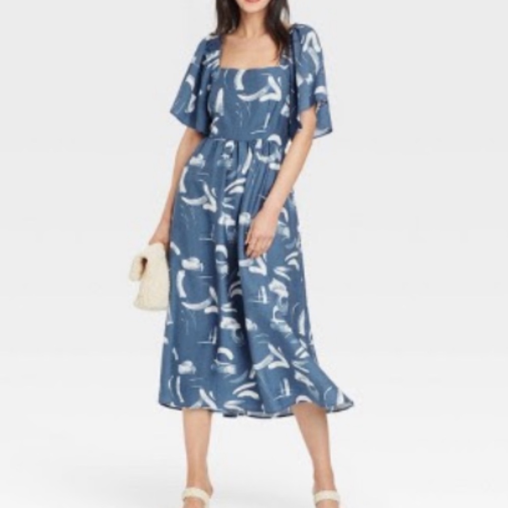 Flutter Short Sleeve Tie-Back Midi Dress - M